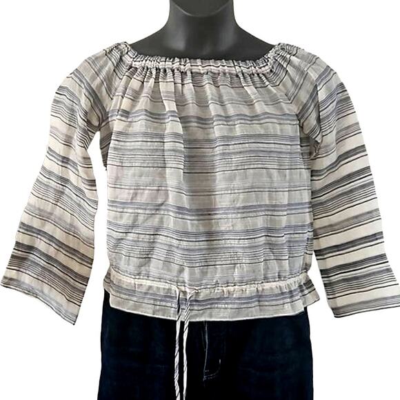 Theory Women's Odettah Off-Shoulder Striped Top Size Petite Medium Blue White - Picture 2 of 7